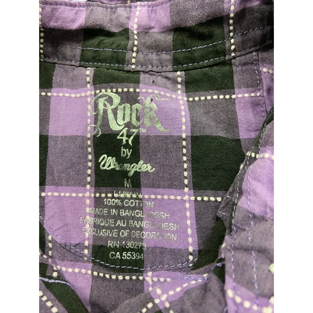 Rock 47 by Wrangler Women Purple Pink Plaid Size M Bleach Dyed Button Down Shirt - Picture 2 of 5